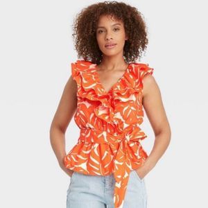 Who What Wear Monsters Ruffled Belted Orange and White Top Size XS